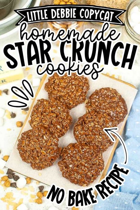 six Little Debbie copycat Star Crunch cookies on a parchment lined cutting board with text overlay. Rice Crispy Cereal Recipes, Homemade Star Crunch, Star Crunch Cookies, Cookies With Rice Krispies, Caramel Rice Cakes, Star Crunch, Chocolate Rice Crispy Treats, Chocolate Rice Krispies, Chocolate Caramel Cookies