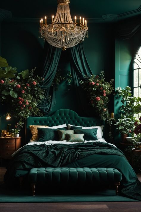 Step into a world where luxury meets the enchanting embrace of nature in this green dark moody romantic bedroom. The rich green walls, sophisticated moldings, and lush foliage invite the forest inside. The opulent tufted bed, cascading drapes, and stunning chandelier create a sanctuary where love flourishes amidst the whispers of leaves and the scent of flowers. A place where romance is a timeless journey through an enchanted woodland grove. Goth Bedroom Ideas, Green Bedroom Design, White Bedrooms, Simple Bed Designs, Dark Home Decor, Bed Design Modern, Black Bedroom, Simple Bed, Romantic Bedroom