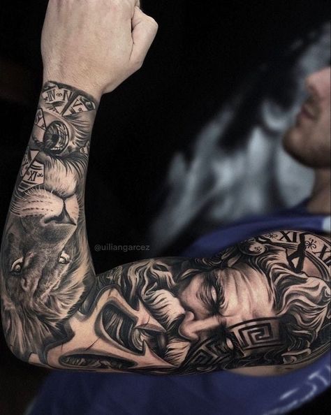 Best Tattoos For Men Hand, Half Sleeve Tattoos Sketches, Aztec Tattoos Sleeve, Nautical Tattoo Sleeve, Poseidon Tattoo, Zeus Tattoo, Lion Tattoo Sleeves, Realistic Tattoo Sleeve, Saved Tattoo