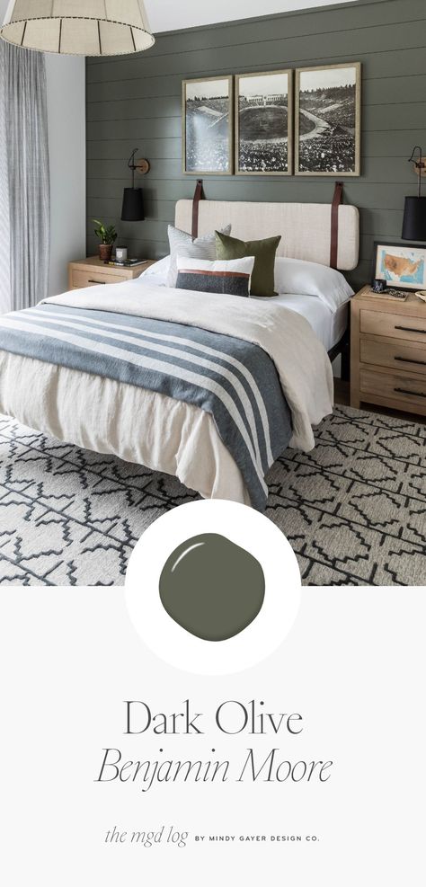 Head over to the blog to see our Windward project paint guide! This particular project is filled to the brim with unique paint hues in the prettiest shades of grey, green, black, and beige. This dark olive paint color in the boys bedroom looks timeless and elevated with the shiplap wall detail. Farmhouse Room Paint Colors, Paint Colors For Country Home, Bedroom Repainting Ideas, Sw Interior Paint Colors, Transitional Interior Paint Colors, Indoor Cabin Paint Colors, Bedroom Makeover Paint Wall Colors, Mud Room Colors Paint, Farmhouse Bedroom Colors Paint