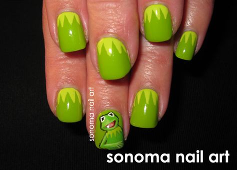 Sonoma Nail Art: Kermit the Frog Muppet Party, Disney Nails, Kermit The Frog, Gem Nails, Get Nails, Cute Nail Art, China Glaze, The Frog, Cool Nail Art