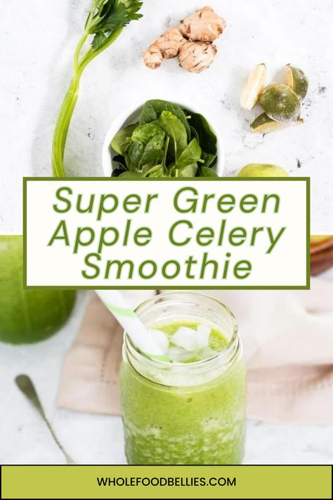 This celery smoothie recipe contains a mix of celery, green apple, ginger, spinach and lime to give it a real kick in flavor. Full of zing! Smoothie With Celery, Celery Smoothie Recipes, Celery Apple Juice Recipe, Celery Apple Smoothie, Kale And Celery Juice, Carrot Celery Apple Juice, Celery Smoothie, Clean Smoothies, Clean Eating Smoothies