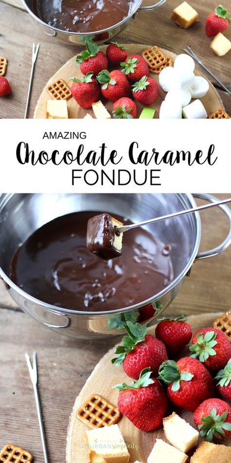 This Chocolate Caramel Fondue Recipe is a decadent dessert the whole family will enjoy! It's easy treat to make anytime! Chocolate Caramel Fondue, Caramel Fondue, Easy Chocolate Fondue Recipe, Easy Fondue Recipes, Easy Fondue, Dessert Fondue, Fondue Dinner, Mousse Au Chocolat Torte, Chocolate Fondue Recipe