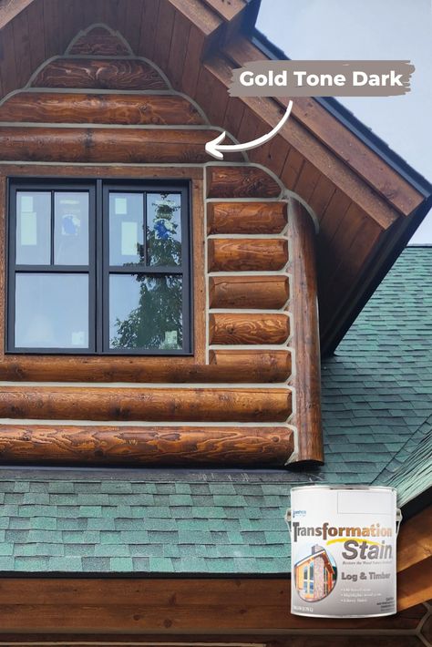 Transformation Log & Timber Stain in Gold Tone Dark. Order a Log Stain Sample Kit to see our amazing high-performance stain technology first-hand! Bring old, damaged, gray, and weathered logs back to life with this flexible oil-based semi-transparent stain. Log Cabin Windows, Log Cabin Stain Colors Exterior, Log Cabin Homes Exterior, Log Cabin Lighting, Cabin Windows, Semi Transparent Stain, Log Home Living, House Trim, Exterior Stain