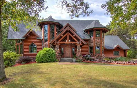 Your Log Cabin Fantasy is Only $1.6M and Just Outside Eau Claire... Log Cabins Exterior, Cabins Exterior, Log Cabin Mansions, Cabin Mansion, Fantasy Houses, Stone Archway, Three Season Room, Heated Garage, Wood Staircase