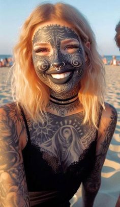 Face Tatoos Woman, Old Women With Tattoos, Really Bad Tattoos, Albino Girl, Tattooed Woman, Full Tattoo, Blackout Tattoo, Facial Tattoos, Tattoed Women