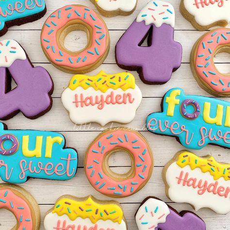 Little Cookie Crumbles on Instagram: “FOUR ever sweet!🍩💜 . . . #sugarcookie #sugarcookies #royalicing #cookie #cookies #royalicingcookies #decoratedcookies #littlecookiecrumbles…” Four Ever Sweet, Sweet Cookies, Birthday Cookies, Royal Icing Cookies, Royal Icing, 4th Birthday, Sugar Cookies, Cookie Decorating, Kids Party