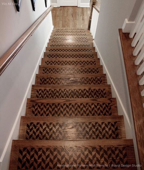 Love this herringbone stencil staircase. Herringbone Stencil, Pattern Furniture, Geometric Pattern Wall, Furniture Stencil, Large Wall Stencil, Patterned Furniture, Pattern Wall Art, House Redo, Flooring For Stairs