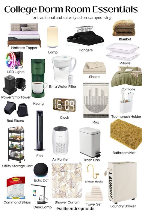 Things needed for college dorm room Uni Dorm Room, Aesthetic College Apartment, College Life Aesthetic, College Dorm List, Uni Room Inspo, Dorm Needs, Dorm List, Dorm Things, Uni Essentials