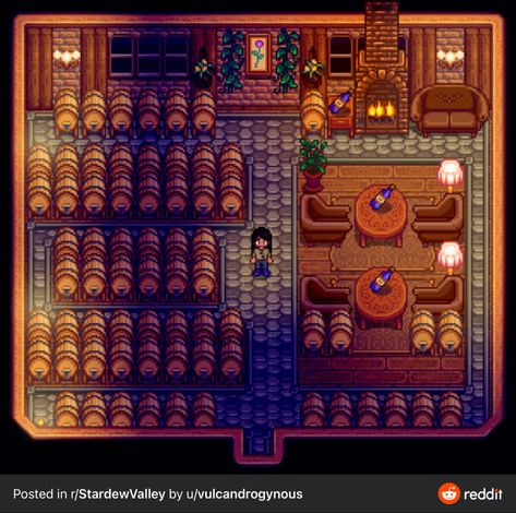 Stardew Valley Wine Shed, Stardew Valley Fruit Bat Cave Design, Ancient Fruit Stardew Valley, Stardew Wine Shed, Stardew Cellar Design, Stardew Valley House Interior Simple, Sdv Shed Design, Stardew Valley Basement Layout, Shed Design Stardew Valley