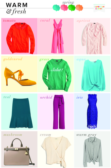 Once you know you're a Spring, be it warm, light, or clear.  Each of these categories share the features of clarity and although not entirely warm, leaning in that direction.   So what should you wear?  Below are some of my favorite ideas for mixing and matching a warm and fresh capsule wardrobe. tomato -- coral -- apricot -- goldenrod… Clear Spring Palette, Warm Spring Palette, Warm Spring Color Palette, True Spring Color Palette, Warm Spring Outfits, Spring Outfit Women, Light Spring Color Palette, True Spring Colors, Light Spring Colors