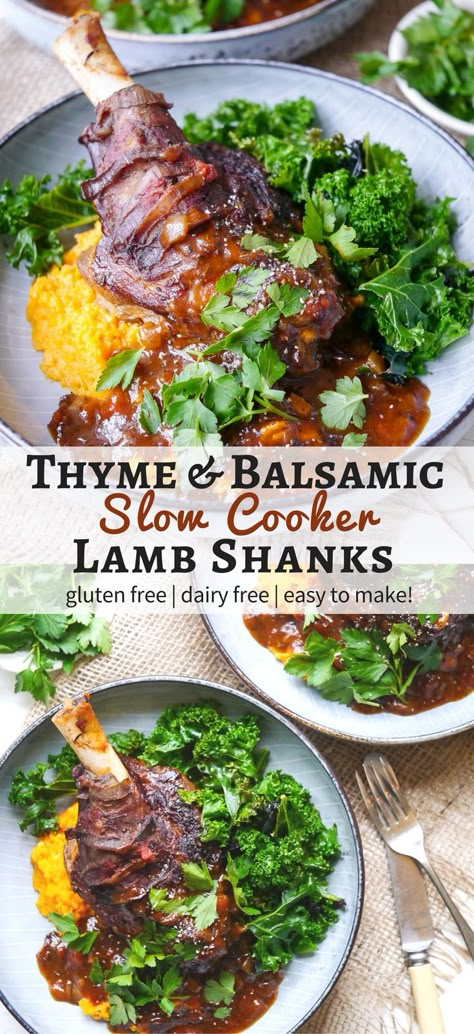 Balsamic slow cooker lamb shanks made with dried thyme and a rich flavoursome tomato sauce. Gluten free, dairy free and really easy to make! on nourisheveryday.com Pasta Crockpot, Lamb Shanks Slow Cooker, Slow Cooker Lamb, Dairy Free Pasta, Lamb Shank, Lamb Dishes, Dried Thyme, Lamb Shanks, Slow Cook