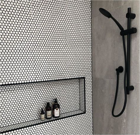 Penny Lover | Centsational Style White Tile Black Grout, Penny Tiles Bathroom, Black Shower Head, Black Grout, Black White Bathrooms, Penny Tile, Bad Inspiration, Boys Bathroom, Basement Bathroom