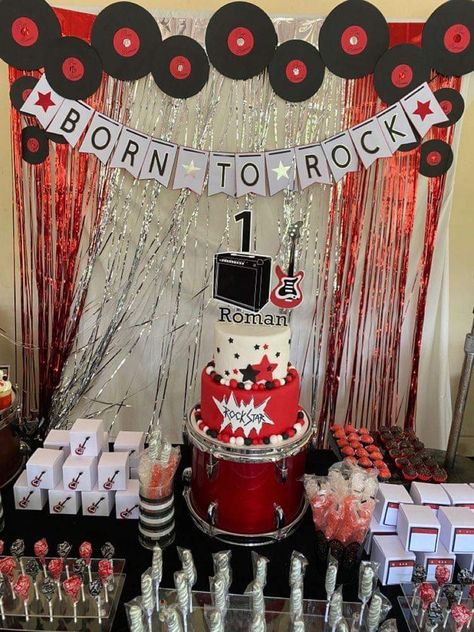 Rock Birthday Decoration, Motley Crue Themed Party, Drums Birthday Party Ideas, Rock Star Decorations, Rock N Roll Birthday Party Decorations, Rock And Roll Themed Cake, Rock Party Backdrop, Rock And Roll Dessert Table, Diy Rock And Roll Decor