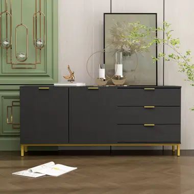 Everly Quinn Wavalene 69'' Wide 3 Drawer Sideboard | Wayfair Coffee Bar Cabinet, Dining Room And Living Room, Large Storage Cabinets, Cabinet Sideboard, Buffet Sideboard, Black Sideboard, Large Sideboard, Credenza Sideboard, Sofa End Tables