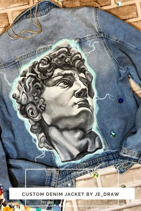 Painted Jean Jacket Ideas, Denim Jacket Diy Paint, Hand Painted Jean Jacket, Painted Jean Jacket, David Sculpture, Jeans Drawing, Painted Clothes Diy, Custom Denim Jacket, Hand Painted Clothing