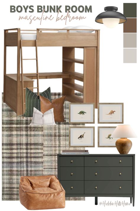 Boys bunk bed loft bedroom! This boys room decor mood board features brown and green tones! Boys Bedroom Ideas Bunk Beds, Boys Bunk Bed Room, Boys Room With Bunk Beds, Bunk Bed Boys Room, Boys Bunk Bed, Bunk Beds Room Ideas, Bunk Bed Rooms Decor, Boys Loft Bedroom, Boys Bedroom Bunk Beds