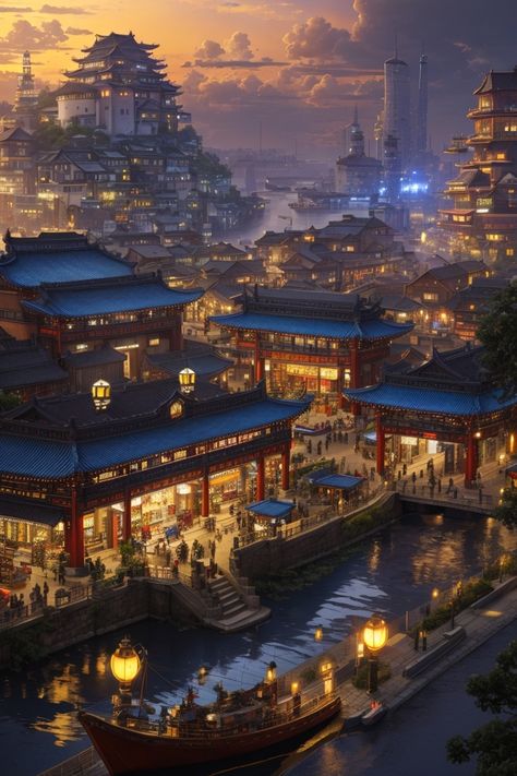 Japanese Kingdom Art, Chinese Cyberpunk City, Fantasy Chinese Architecture, Futuristic Chinese City, Futuristic Japanese Architecture, Futuristic Asian City, Fantasy Chinese City, Ancient China Architecture, Japanese Fantasy City