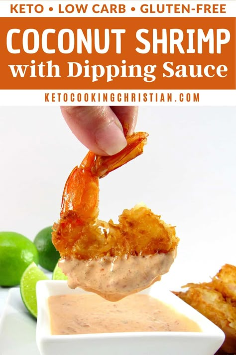 Keto Coconut Shrimp with Dipping Sauce Tender succulent shrimp are breaded with coconut, fried and served with a sweet and spicy dipping sauce. This Keto shrimp recipe is so quick and easy to make, it's the perfect weeknight dinner. You can also serve as an appetizer at your next party! #ketococonutshrimp #ketoshrimp #lowcarbcoconutshrimp Keto Coconut Shrimp, Coconut Shrimp Dipping Sauce, Coconut Shrimp Sauce, Shrimp Dipping Sauce, Keto Shrimp Recipes, Keto Shrimp, Coconut Shrimp Recipes, Spicy Dipping Sauce, Keto Sauces