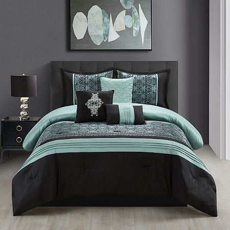 Bring a global elegance to your bedroom with this beautiful comforter set that combines a damask jacquard with solid accent colors of fresh aqua and onyx for a rich look. Constructed of 100% polyester fabric and filling, this bed set comes with one (1) cozy comforter, two (2) shams, one (1) solid bed skirt, and three (3) plushy pillows that flaunt excellent workmanship and quality. The complete bed set built to last, this bedding set is made with strict quality control standards and comes with e Elegant Comforter Sets, Luxury Comforter Sets, Large Decorative Pillows, Beautiful Bedding Sets, Solid Bed, King Comforter Sets, Bed Skirt, Queen Comforter Sets, Premium Bedding