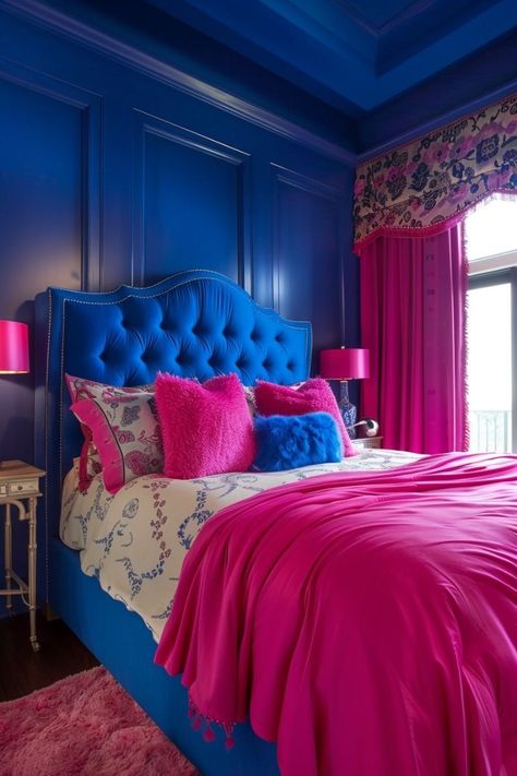 Magenta Bedrooms, Purple Wall Bedroom, Bright Bedroom Colors, Colorful Eclectic Living Room, Hot Pink Bedrooms, Blue And Pink Bedroom, Pink Bedroom Walls, Comfortable Bedroom Decor, Women Bedroom