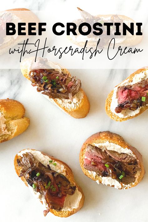 Doesn’t the word crostini just sound fancy? Enjoy this Beef Crostini appetizer topped with a creamy horseradish spread the next time you host a party or just want a light, delicious dinner.  #beef #crostini #appetizer #partyrecipe Steak Crostini Appetizers, Crustini Appetizers Beef, Steak Crostini, Crustini Appetizers Roast Beef, Beef Crostini Appetizers, Roast Beef Crostini, Beef Tenderloin Crostini With Parmesan Wine Cream Sauce, Roast Beef Crostini With Horseradish Cream, Grilled Beef Tenderloin Crostini With Bearnaise Sauce