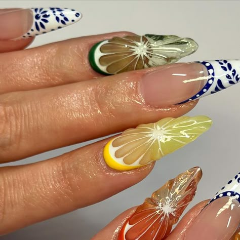 chelle da nail artist | citrus & class nails for @ms.ashsan 🍊🍋 Inspo: @amys.clients @mj_nailbizz | Instagram Fruit Nails Acrylic Encapsulated, 3d Citrus Nails, Fruit Almond Nails, Citrus Manicure, Orange Slice Nails, Tequila Nails, Grapefruit Nails, Mango Nails, Citrus Nails