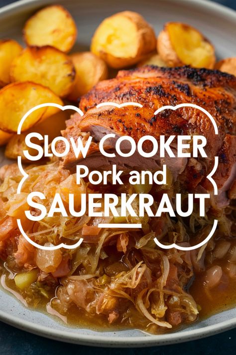 Slow cooker pork and sauerkraut with roasted potatoes on a plate. Pork Tenderloin Recipes In Crockpot Saurkraut, Crockpot Country Style Pork Ribs With Sauerkraut, Slow Cooker Pork And Sauerkraut, Slow Cooker Pork Chops And Sauerkraut, Crock Pot Pork And Sauerkraut, Pork And Cabbage Recipes Crockpot, Pork Chops And Sauerkraut Crockpot, Bone In Pork Shoulder Slow Cooker, Slow Cooker Pork Shoulder Recipes