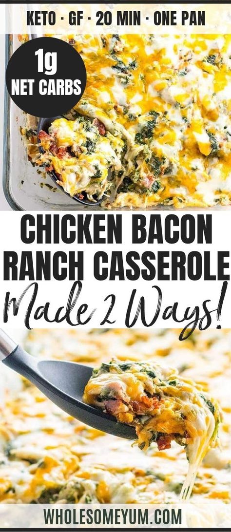 Chicken Bacon Ranch Casserole Recipe (Quick & Easy) - 2 Ways - A low carb, cheesy chicken bacon ranch casserole recipe that the whole family will love. Quick and easy with just 7 common ingredients, 5 minutes prep, and options for 2 ways to make it. #wholesomeyum #lowcarb #easy #dinner #casserole Bacon Ranch Casserole, Tartiflette Recipe, Low Carb Chicken Casserole, Ranch Casserole, Chicken Bacon Ranch Casserole, Low Carb Chicken Recipes, Chicken Bacon Ranch, Bacon Ranch, Keto Recipes Dinner