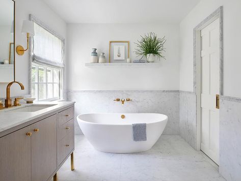 White Herringbone Floor, Living Room Upstairs, Modern Country Home, Tranquil Bathroom, Grey Wall Tiles, Light Marble, Vintage Bathtub, New York Home, Three Birds Renovations