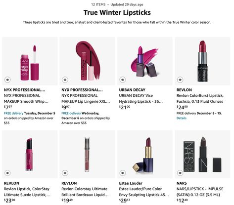 True-Winter-Lipsticks_Amazon True Winter Lipstick, Winter Lipstick Colors, True Winter Palette, True Winter Makeup, True Winter Color Palette, Winter Skin Tone, Winter Lipstick, Winter Lip Color, Cool Winter Color Palette