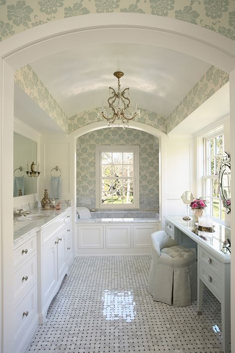 such a pretty bathroom, the arched ceiling, wallpaper, lighting fixture....love the vanity & windows... Feminine Bathroom, Interesting Homes, White Bathroom Designs, Bad Inspiration, Ideas Casa, Subway Tiles, House Things, Dream Bathrooms, Bathroom Inspo