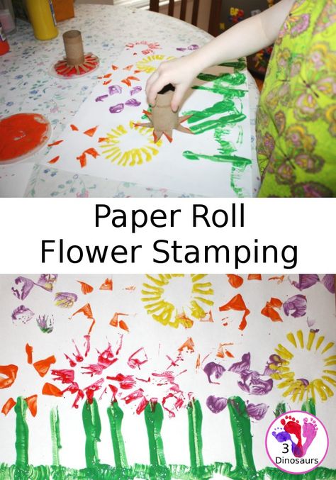 Easy To Do Paper Roll Flower Stamping - a fun way to use paper rolls - 3Dinosaurs.com Plants And Gardening Preschool Art, Paper Roll Flowers, Flower With Paper, Flower Activities, Flower Stamping, Preschool Garden, 3 Dinosaurs, Preschool Spring, Spring Preschool