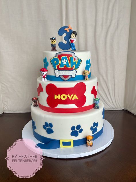 Paw Patrol 3-tier birthday cake Diy Paw Patrol Cake, Paw Patrol Party Cake, 3 Tier Birthday Cake, Paw Patrol Birthday Cake, Tiered Cakes Birthday, Paw Patrol Cake, Fifth Birthday, Paw Patrol Birthday Party, Patrol Party