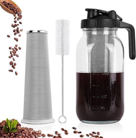 Amazon.com: QHH Cold Brew Coffee Maker, 64 oz Wide Mouth Mason Jar Pitcher with Stainless Steel Filter, Pour Spout Handle Lid, Heavy Duty Glass Airtight & Leak-Proof Pitcher for iced coffee & Tea Lemonade : Home & Kitchen Shaken Espresso, Iced Coffee Maker, Sun Tea, Drinking Jars, Coffee Server, Wide Mouth Mason Jars, Cold Brew Coffee Maker, Drink Containers, Coffee Scoop