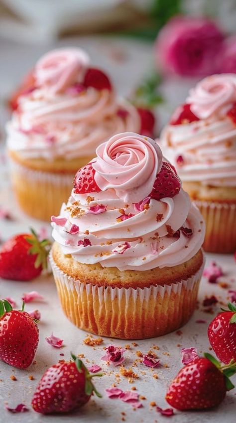 Aesthetic Cupcakes Pastel, Strawberries And Cream Cupcakes, Cursed Cakes, Cream Cupcakes, Summer Baking, Strawberry Cupcakes, Fancy Desserts, Whipping Cream, All Purpose Flour