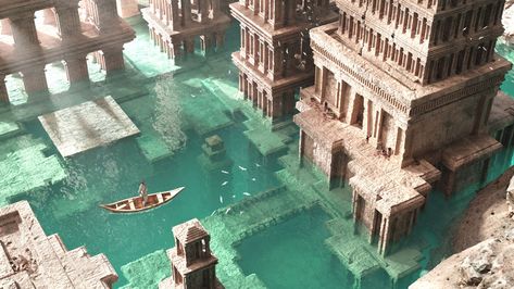 ArtStation - Flooded Temple Strange Landscapes, Water Temple, My Fantasy World, Temple Art, Fantasy City, Fantasy Setting, Fantasy Places, Fantasy Art Landscapes, 3d Modelling