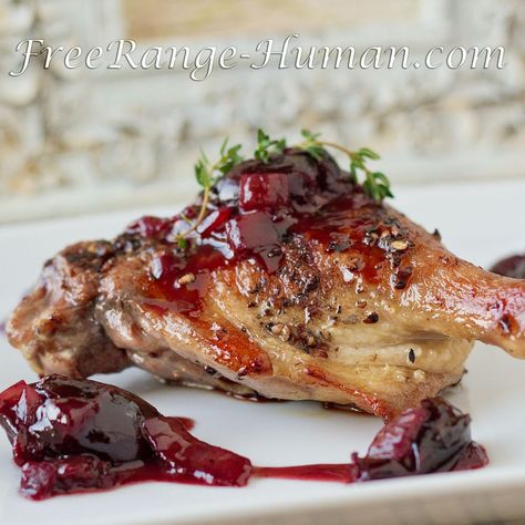 Amazing recipe for duck legs with a black cherry sauce. Perfect for valentine's day celebrations. Duck Leg Recipes, Roasted Duck, Cherry Sauce, Roast Duck, Duck Recipes, Cherry Recipes, Game Food, Poultry Recipes, Roasting Pan