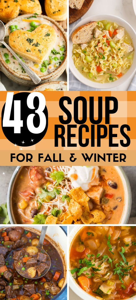 Photo collage of soup recipes with text overlay. Soup Recipes Stovetop, One Pot Soup Recipes, Winter Stew Recipes, Cozy Soups, Soup Hearty, Easy Comfort Food Dinners, Homemade Soups, Hearty Beef Stew, Comfort Soup Recipes