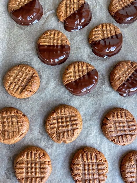 Chocolate Dipped Peanut Butter Cookies - Happy Balanced Life Dipped Peanut Butter Cookies, Chewy Peanut Butter Cookies, Organic Eggs, Coconut Sugar, Nut Butter, Cookies Ingredients, Dark Chocolate Chips, Chocolate Dipped, Almond Butter