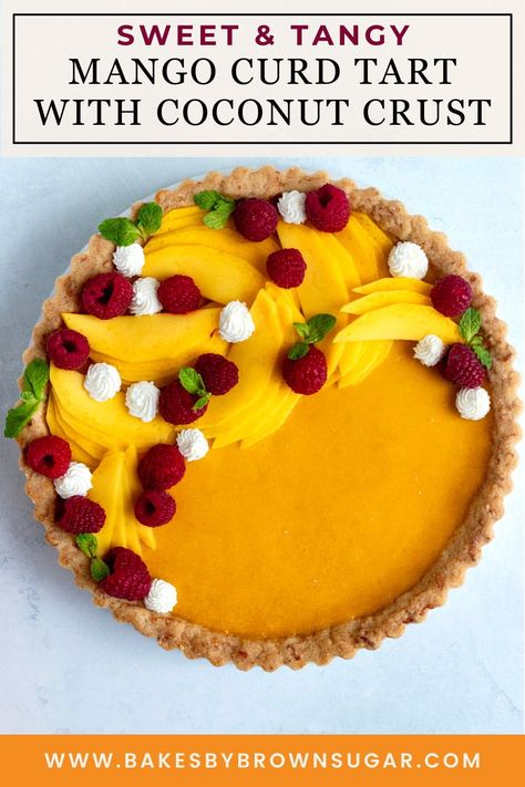 Discover your new favorite dessert with this luscious Mango Curd Tart! 😍 With its creamy mango curd filling, buttery coconut crust, and fruity flavors, this tart will be a hit at your next gathering. 🎉 Don't miss out! Get the recipe at Bakes by Brown Sugar. Summer Tart Recipes Dessert, Tart Recipes Dessert, Tarte Fruit, Fruit Tart Filling, Mango Delight, Mango Curd, Coconut Crust, Curd Tart, Mango Pie