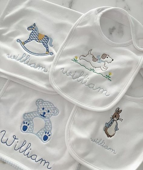 Burp Cloth Embroidery Ideas, Baby Boy Embroidery Ideas, Baby Embroidery Ideas Boys, Boy Embroidery Ideas, Embroidered Ideas, Bib Embroidery, Cozy Baby Room, Embroider Ideas, Embroidery Alphabet