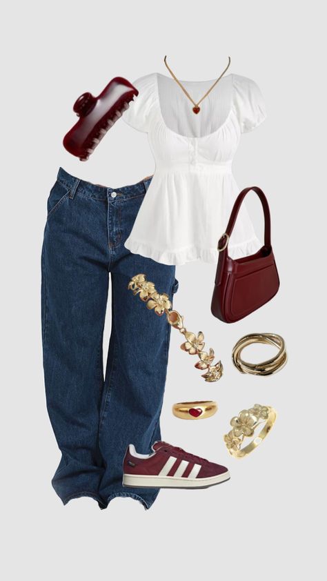 #fit #fitinspo #red #cherryred #gold #outfitinspo #flowers Essentials Clothing, Uni Outfits, Outfit Inspo Casual, Cute Everyday Outfits, Cute Simple Outfits, Outfit Inspo Fall, Mode Vintage, Inspiration Mode, Lookbook Outfits