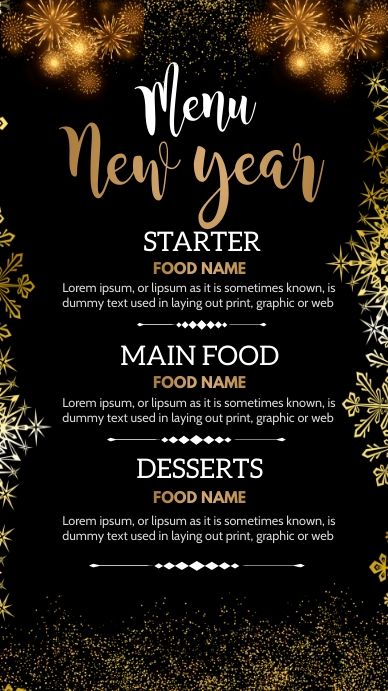 Menu For New Years Eve, Menu Dinner Design, New Years Menu Design, New Years Eve Menu Design, New Year Menu Design, Restaurant Creatives, New Years Eve Menu, New Year Promotion, Party Food Menu