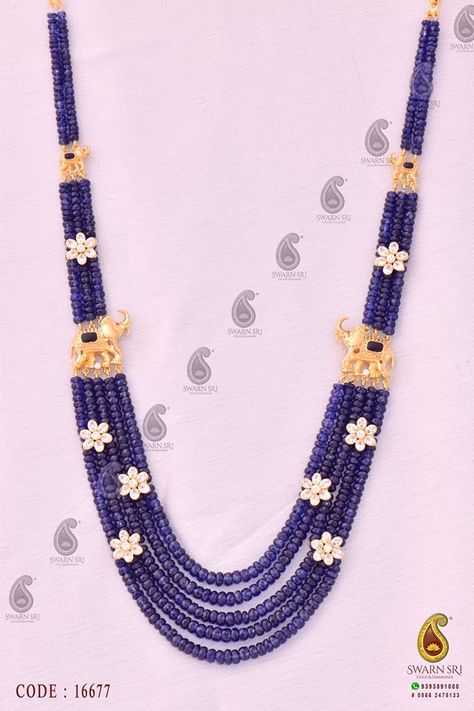 Blue Sapphire Beads Necklace, TRIPLE-STRAND SAPPHIRE BEAD AND SWAROVSKI NECKLACE. Composed of 380 sapphire beads measuring approximately., having approx weight 364.00 cts, arranged in five, three and two-row segments, separates into five segments, connected by four elephants pierced pendants and seven pieces of flowers set with round and oval Swarovski stones weighing approximately 5.80 carats, mounted in 22 karat gold, total length approximately 18 inches, Swarnsri Gold & Diamonds, Vijayawada, Pearl Mala With Pendant, Sapphire Beads Necklace, Ruby Jewelry Necklaces, Sapphire Beads, Antique Gold Jewelry Indian, Silver Clay, Gold Jewelry Simple Necklace, Beautiful Gold Necklaces, Beaded Necklace Designs