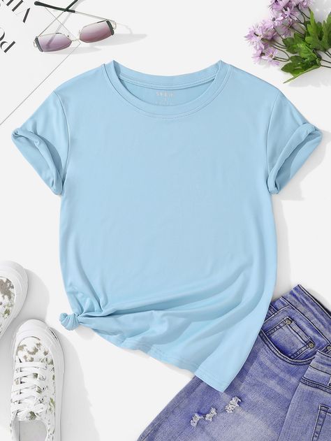 Mock Up T Shirt, Baby Blue Shirt, Ankara Dress Designs, Tee Shirt Outfit, Blue Shirt Women, Glamour Dress, T Shirt Image, Round Neck Tees, Adulting Shirts