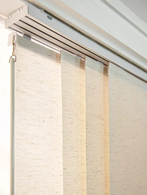 Wide Panel Vertical Blinds, Sliding Curtain Panels, Living Room Window Blinds, Covering Patio, Sliding Panel Blinds, Living Room Curtain Ideas, Room Curtain Ideas, Panel Track Blinds, Curtains Style