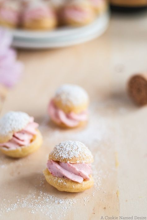 Mini Profiteroles with Strawberry Cream. Profiteroles are one of my favorite desserts. I could probably eat them every day and not get bored of them. Why I  haven’t made any in months is a wonder. Profiteroles Recipe, Strawberry Cream Puffs, Bite Size Desserts, Tea Party Food, Strawberry Cream, Pastry Desserts, Cream Puffs, Pastry Recipes, Mini Desserts