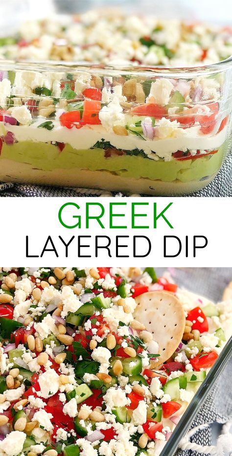 Healthy Dips And Appetizers, Party Dips Easy Crowd Pleasers, Mediterranean Dips, Avocado Sour Cream, Hummus Avocado, Layered Dip, Greek Dip, Healthy Appetizer Recipes, Avocado Dip