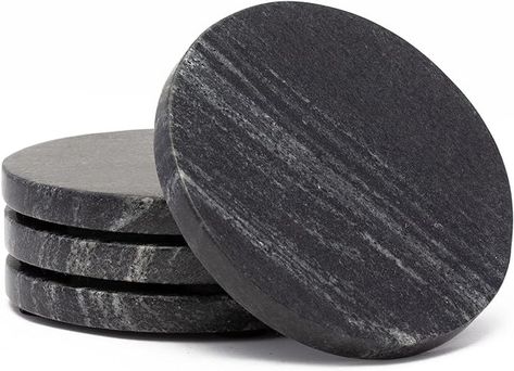 Amazon.com | Thirstystone 4 Pack Natural Black Marble Round Coasters 4" Diameter Elegant Heat Tolerant: Coasters House Moodboard, Water Rings, Bar Coasters, Round Coasters, Marble Coasters, Entertainment Bar, Heat Damage, Marble Pattern, Entertaining Guests